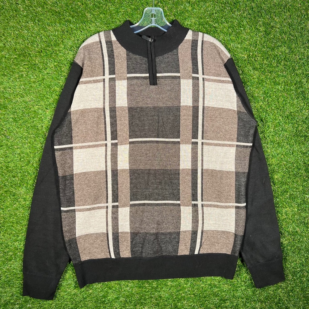 Studio by Omega Mens Large Quarter‎ Zip Plaid Knit Sweater Black Tan